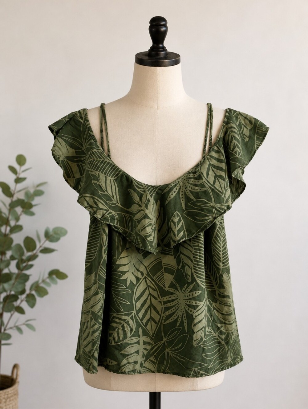 Olive Leaf Print Ruffle Tank Top